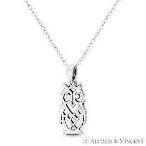Perched Owl Bird Animal Charm Pendant in Oxidized .925 Sterling Silver